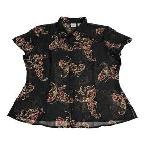 Vintage Emma James Top 14 Black Paisley Floral Sheer Button Y2K Boho Whimsigoth